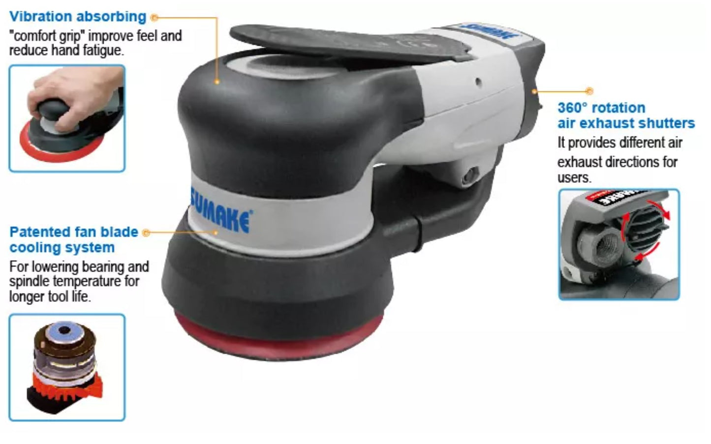 SUMAKE Industrial Air Orbital Sander - Non-Vacuum, 3"Pad, Water Resistant